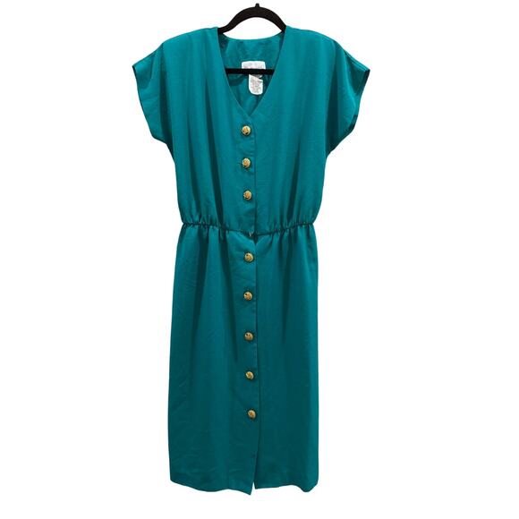 Vintage VTG Periwinkle Teal Dress Size 10 Gold Buttons USA Made V-Neck Buttons - Picture 1 of 6